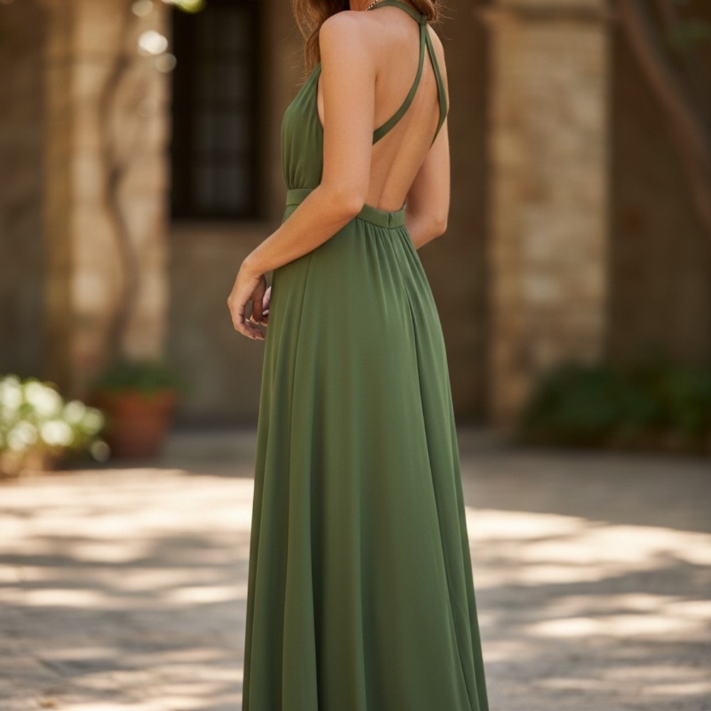 Vivian Diamon Dessy Collection Backless/Strappy Vineyard Green Chiffon Dress - Picture 2 of 8